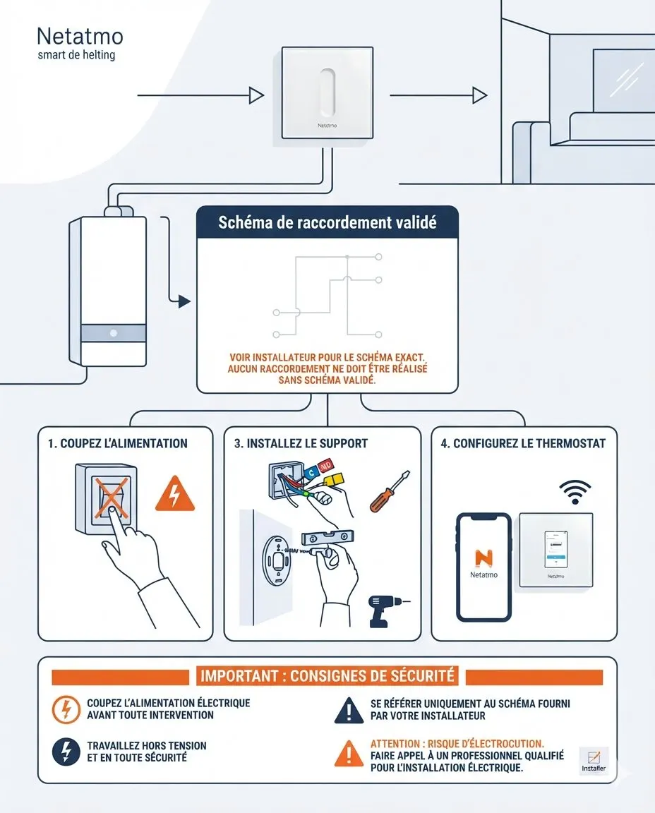 Infographie : étapes d'installation d'un thermostat connecté filaire, du raccordement des fils à la configuration