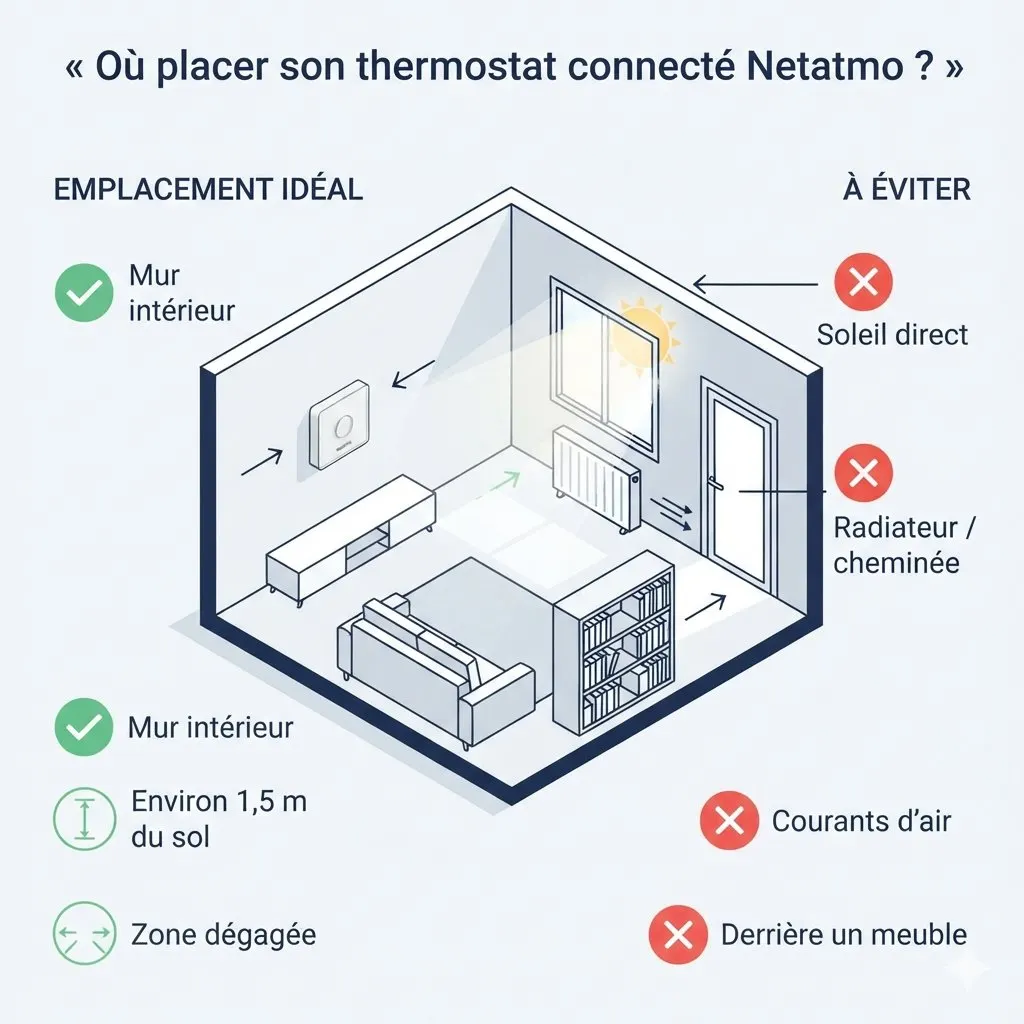 Schéma des emplacements idéaux et à éviter pour installer un thermostat connecté dans une pièce
