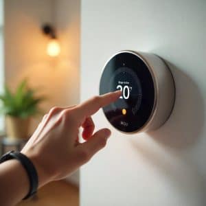 Personne ajustant la température sur un thermostat numérique